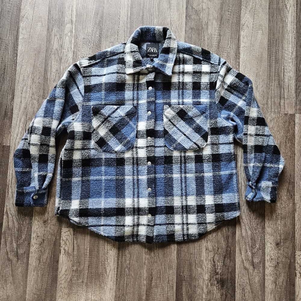 Zara Fleece Blue Flannel Snap Shacket